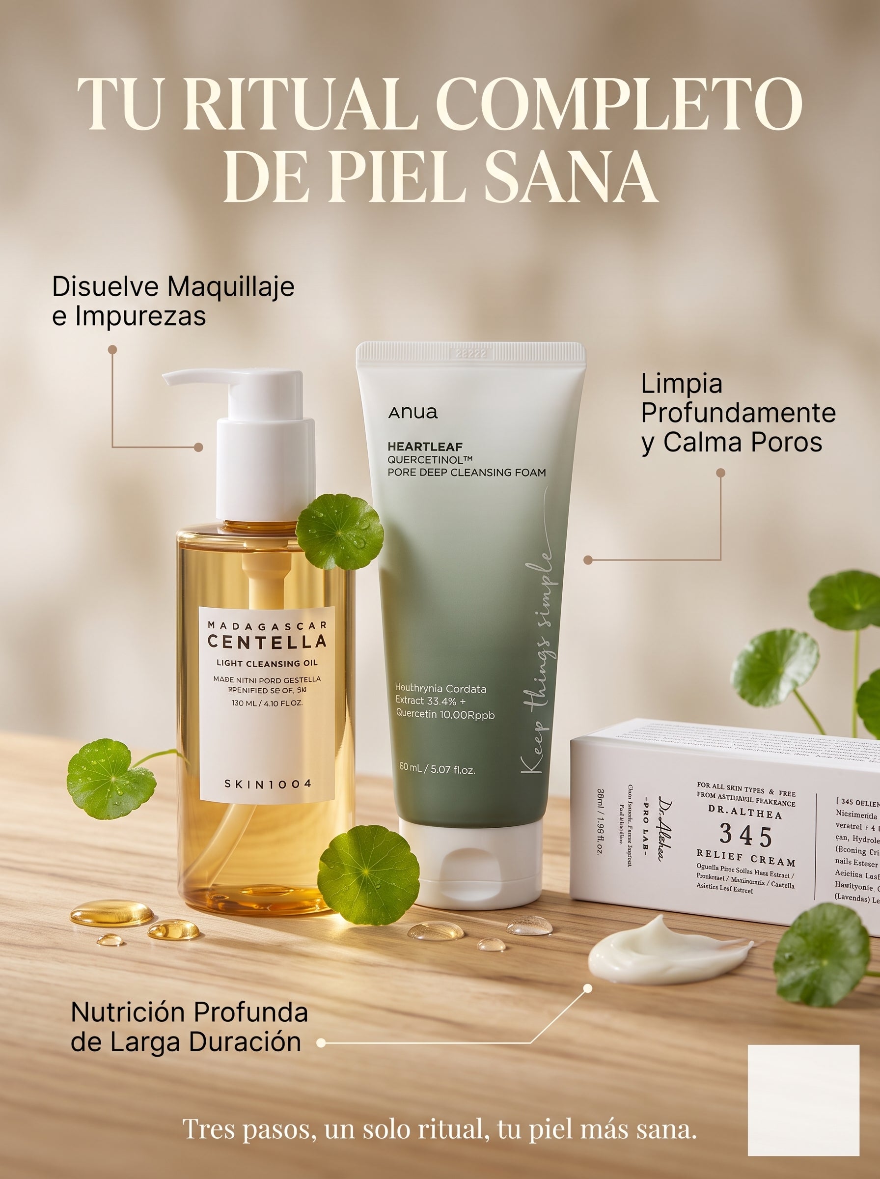 KIT 5 — LIMPIADOR ACEITE + CREMA 345 + ANUA HEARTLEAF TONER (RITUAL COMPLETO)