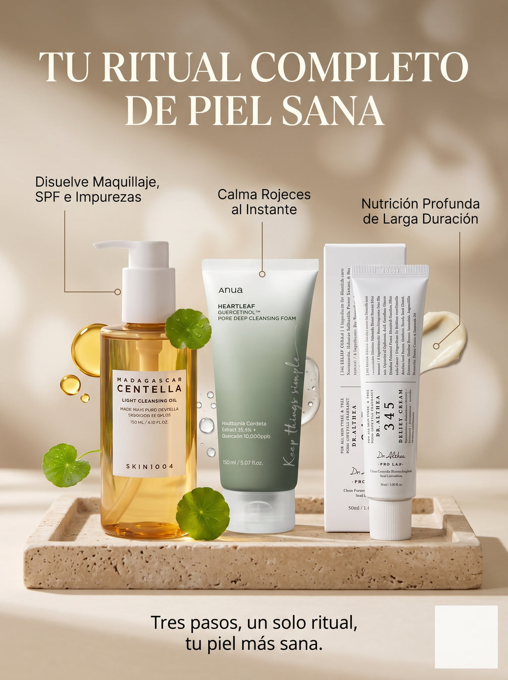 KIT 5 — LIMPIADOR ACEITE + CREMA 345 + ANUA HEARTLEAF TONER (RITUAL COMPLETO)